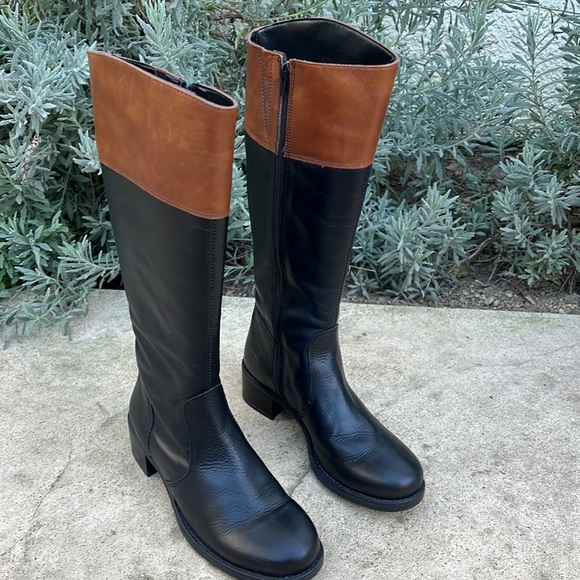 David Tate Rider Black Leather Boots with Brown Trim Top Women's Size 7 - Picture 1 of 12